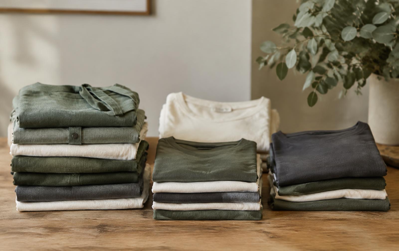 Folded garments in green, cream and charcoal (illustrative image)